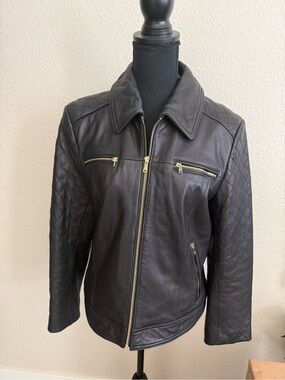 Cole Haan Black Quilted Leather Zip Jacket with Gold Zippers